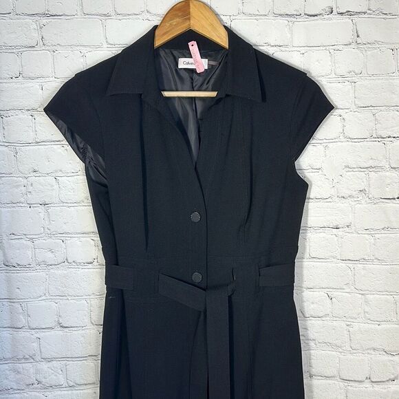 Calvin Klein Button Down Belted Black Dress Cap Sleeves size 6 - Picture 2 of 9